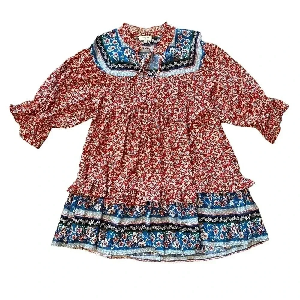 Umgee Tiered Floral Dress Women’s Medium Brick Red Navy‎ EUC